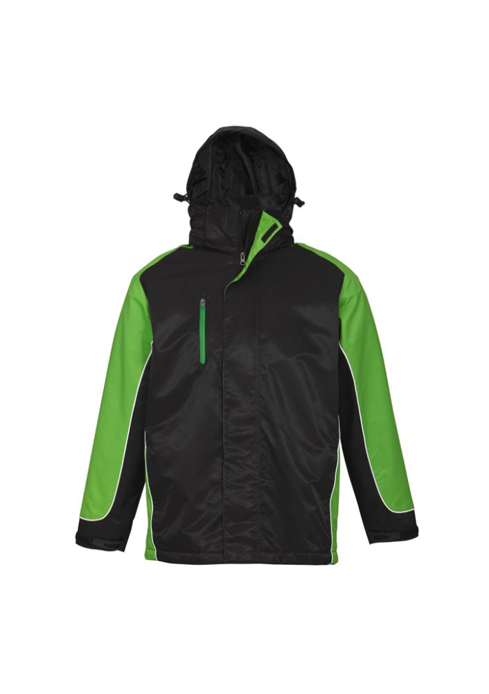 Unisex Nitro Jacket in black, green, and white, featuring a concealed hood, two-way zip, and cozy fleece lining, size S.