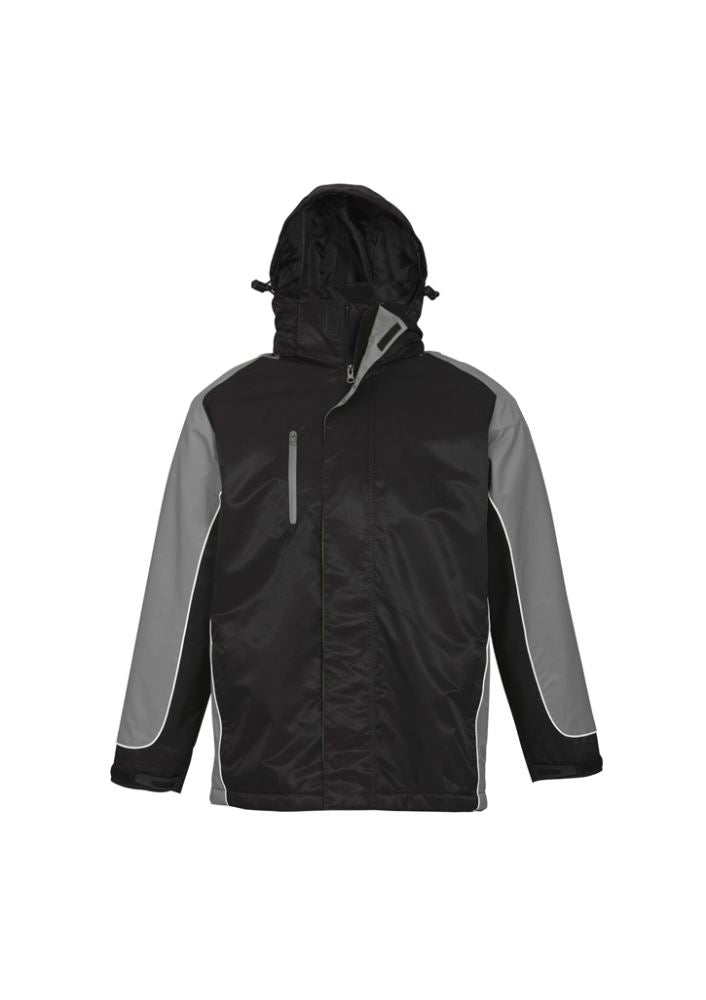 Unisex Nitro Jacket in black, grey, and white with concealed hood, two-way zip, and internal pockets for outdoor comfort.