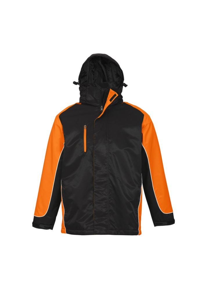 Unisex Nitro Jacket in black, orange, and white, size XS, featuring water-resistant nylon, fleece lining, and concealed hood.