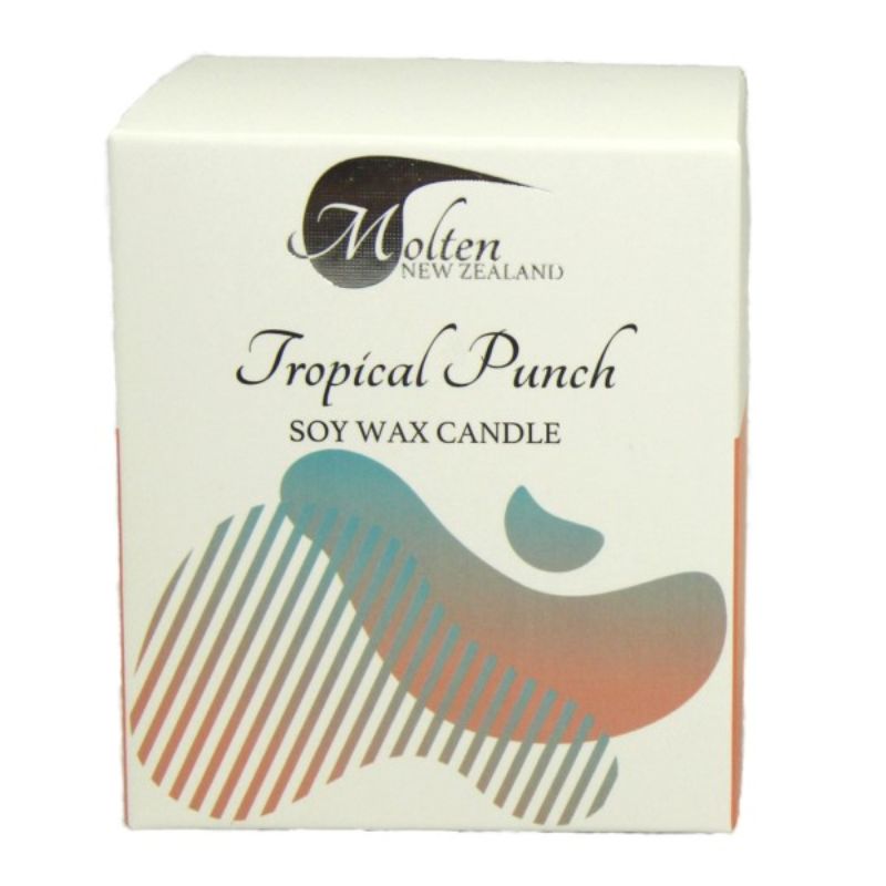 Tropical Punch Soy Candle Jar in a printed box, 10oz, fills your space with vibrant, summer-inspired fruit aromas.