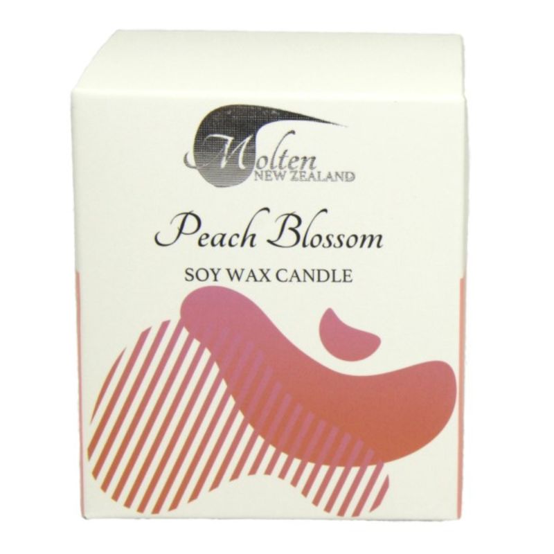 Peach Blossom Soy Candle in a vibrant box, 10oz, featuring a sweet scent for a warm and inviting atmosphere.