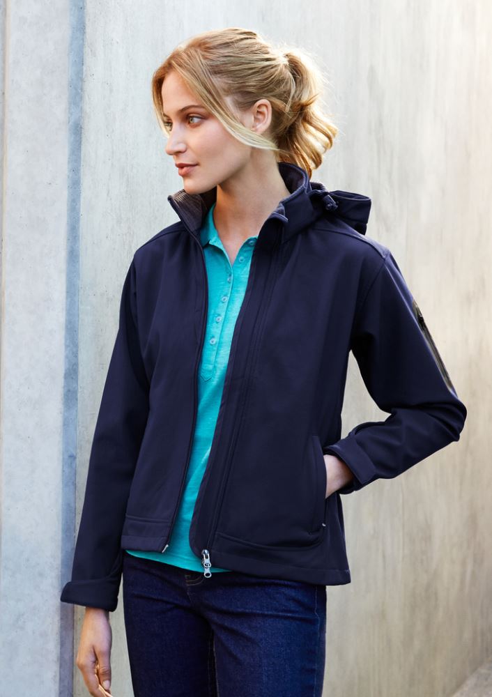 Ladies Summit Jacket in Black/Graphite, Size L, featuring 4-way stretch, fleece lining, adjustable hood, and water resistance.