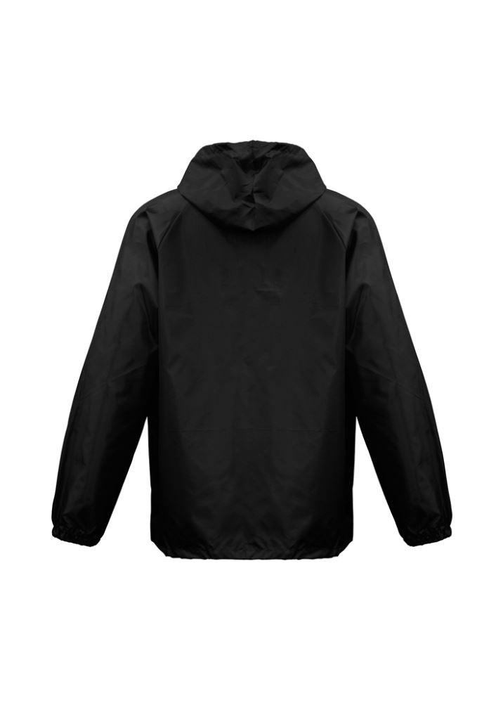 Unisex black base jacket from Biz Collection, made of showerproof polyester with a full zip, hood, and side pockets.