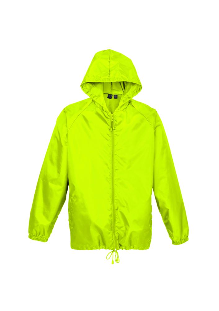Unisex Fluoro Lime base jacket, 100% showerproof, full zip, adjustable hood, elastic cuffs, ideal for branding and all seasons.