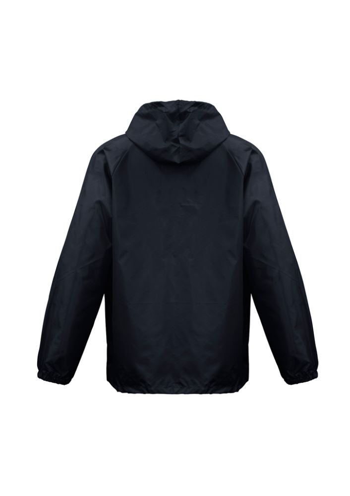 Unisex Navy Base Jacket from Biz Collection, featuring showerproof fabric, full zip, pouch hood, and side pockets.