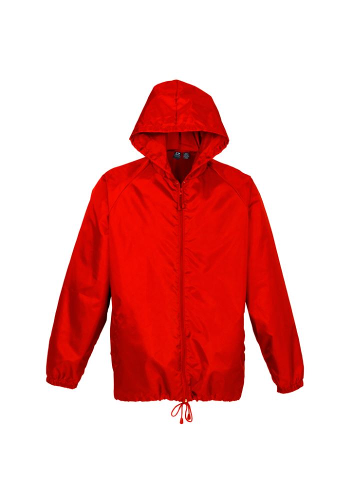 Unisex Base Jacket in vibrant red, lightweight and showerproof, featuring a full zip, pouch hood, and elastic cuffs.