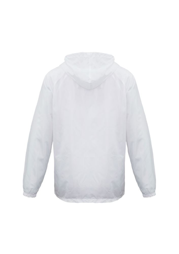 Unisex white spray jacket from Biz Collection in size YS, featuring a full zip, adjustable hood, and elastic cuffs.