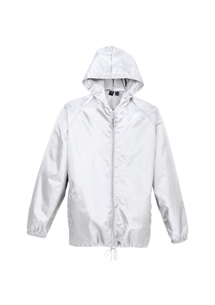 Unisex white base jacket by Biz Collection, size AS, featuring showerproof fabric, hood, and side pockets. Ideal for outdoor use.