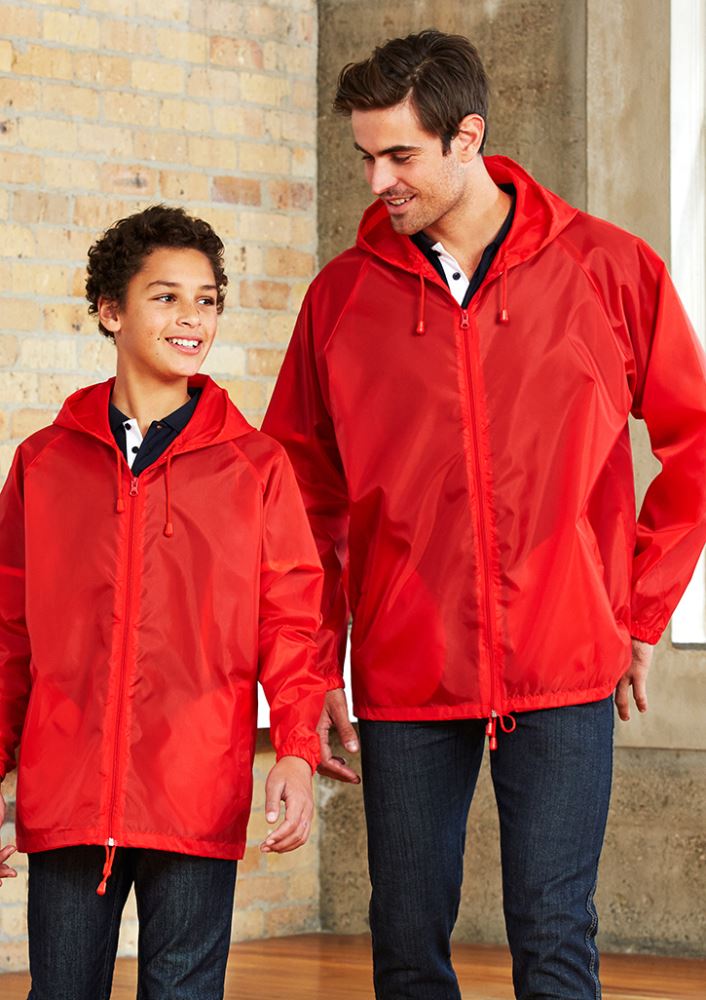 Unisex navy base jacket in size OS with showerproof polyester, full zip, drawstring hood, and convenient side pockets.