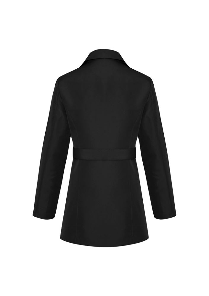 Stylish black trench coat for women in size 2XL, featuring zip front, waist tie, and multiple pockets for functionality.