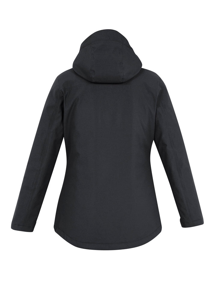 Stylish black women's Eclipse Jacket with waterproof features, detachable hood, and quilted lining for warmth.