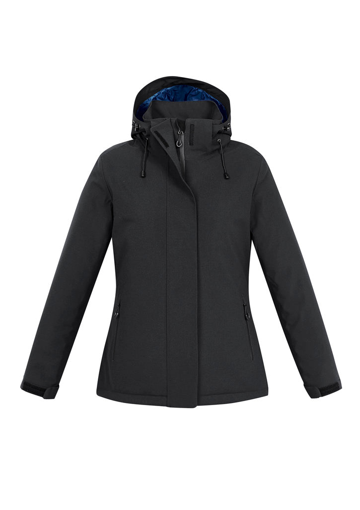 Ladies Eclipse Jacket in Black, size M; stylish, waterproof, with a zip-off hood and warm quilted lining. Perfect for any weather.