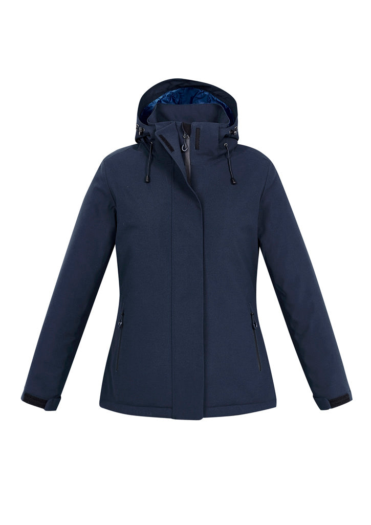 Navy Ladies Eclipse Jacket from Biz Collection featuring a zip-off hood, waterproof pockets, and a stylish longer length.