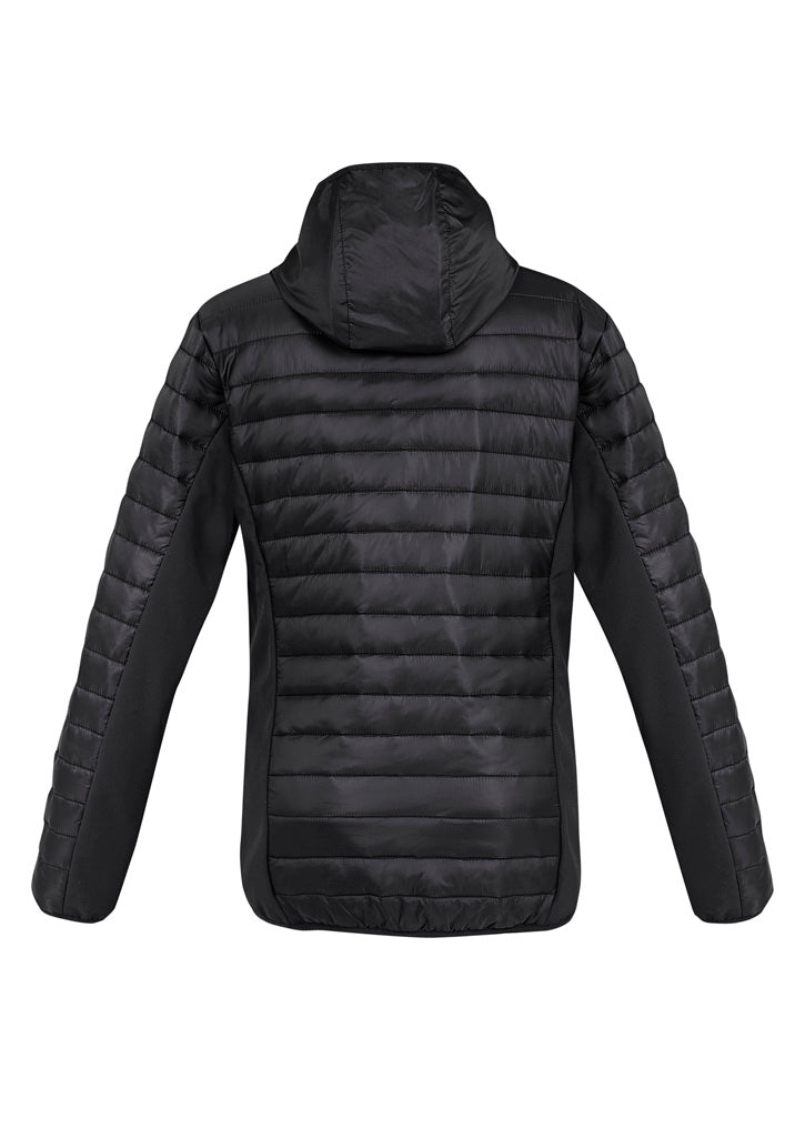 A stylish unisex black and silver patrol jacket with quilted insulation, zipper pockets, and reflective details for outdoor comfort.