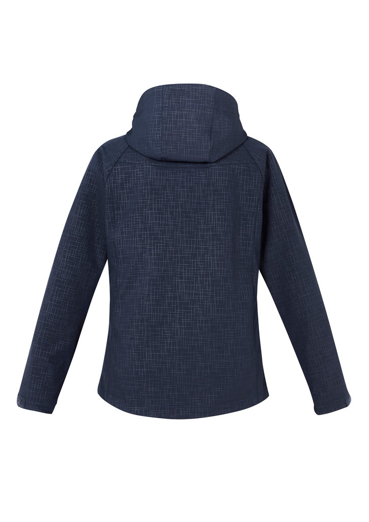 Ladies Geo Jacket in Navy, XL, featuring a stylish cross-hatch print, removable hood, and soft fleece lining for comfort.