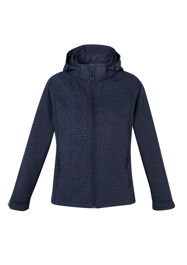 Ladies Geo Jacket in navy, size L, featuring a subtle cross-hatch print, removable hood, and warm fleece lining for comfort.