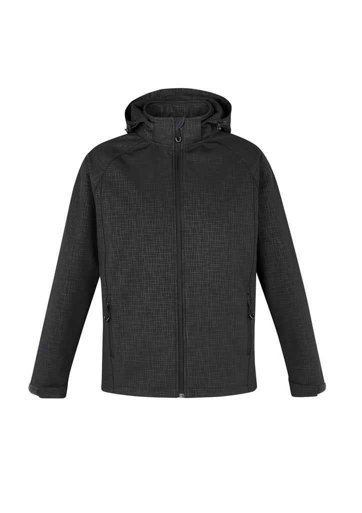 Men's Geo Jacket in black, 5XL, featuring breathable TPU, soft fleece lining, zip-off hood, and stretch softshell for comfort.