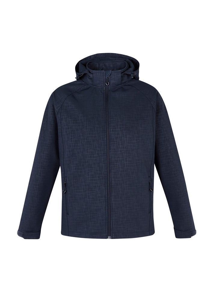 Men's navy Geo Jacket with zip-off hood, softshell fabric, and fleece lining, ideal for comfort in professional settings.