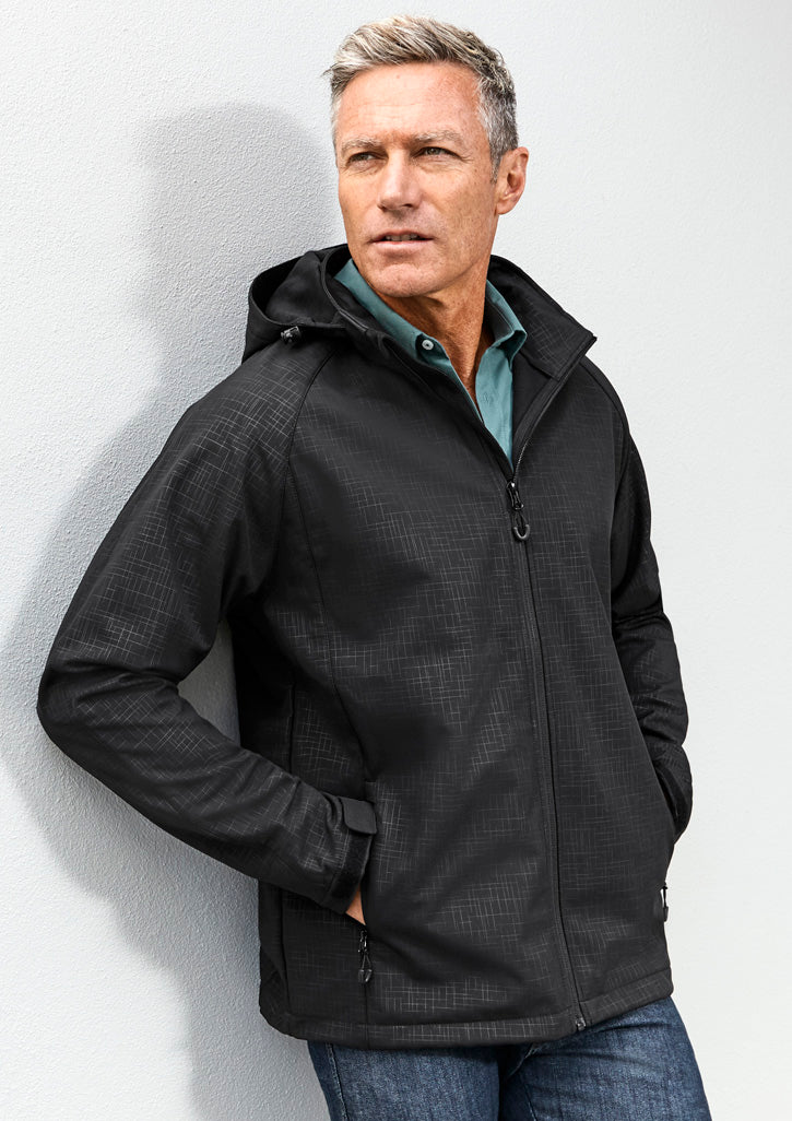 Black Men's Geo Jacket from Biz Collection, size M, featuring a stylish cross-hatch print, removable hood, and breathable softshell fabric.