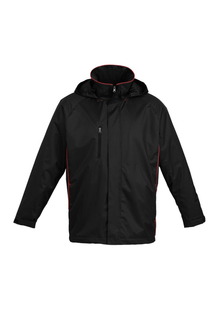 Unisex Core Jacket in black and red, size S, featuring a showerproof shell, concealed hood, and zip pockets for functionality.