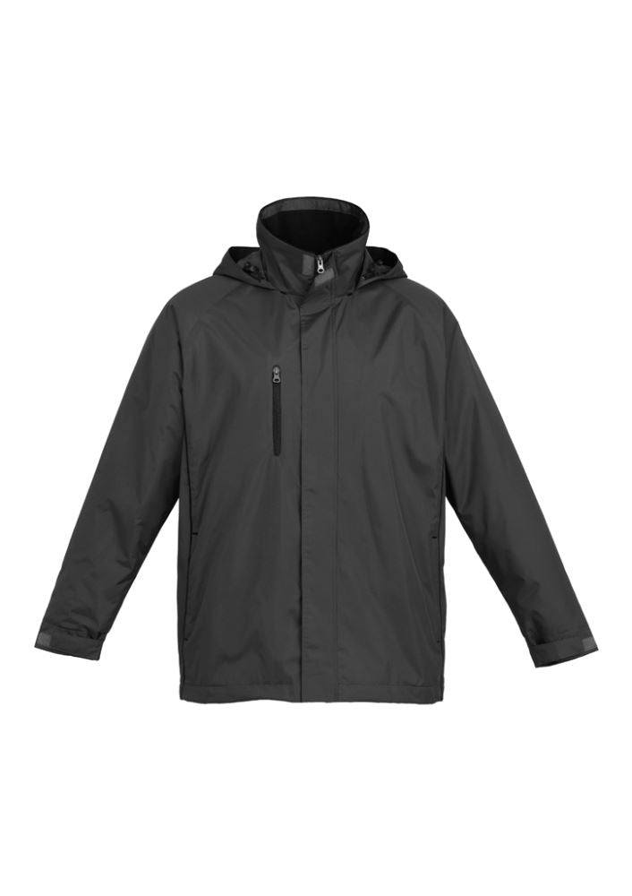 Unisex Core Jacket in Graphite/Black, Size XS, featuring showerproof shell, fleece lining, and hidden hood for weather protection.