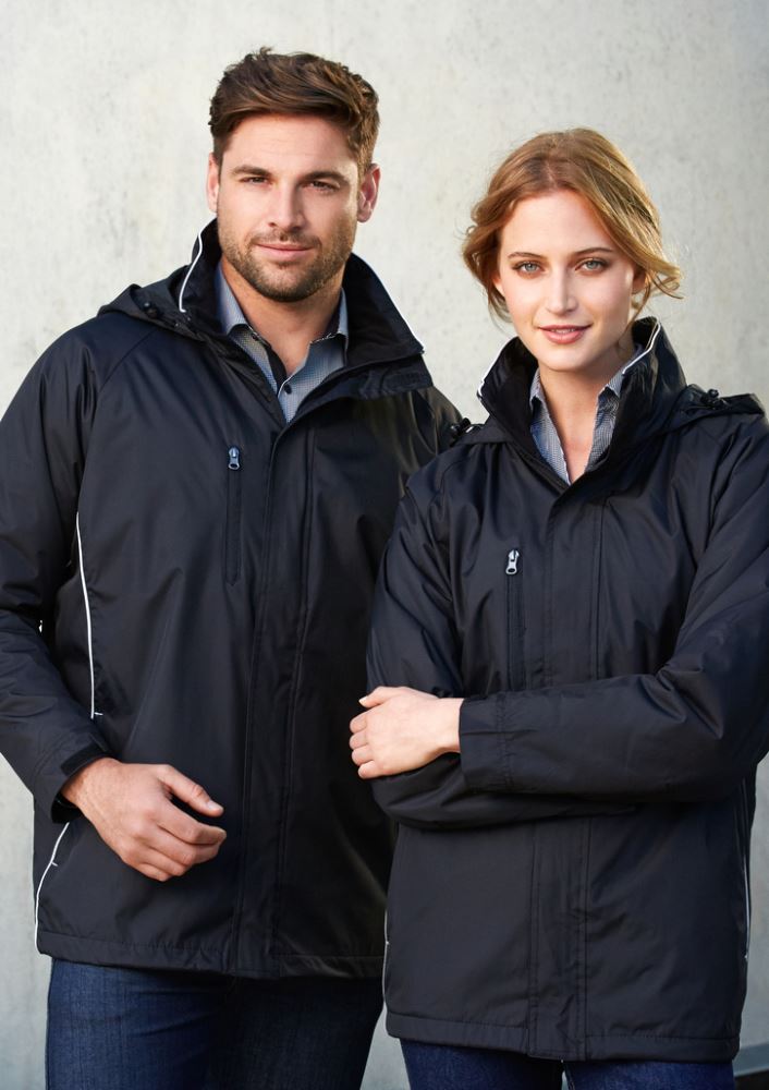 Unisex Core Jacket in Navy/Gold, size S, featuring a showerproof shell, concealed hood, and multiple zip pockets for practicality.