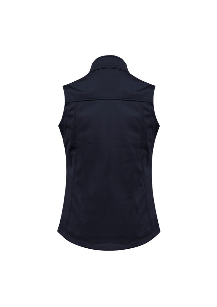 Navy Ladies Soft Shell Vest in size S with durable, warm fabric, windproof features, and practical zippered pockets.