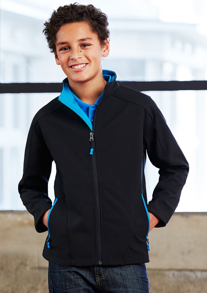 Kids Geneva Jacket in Black/Cyan, Size 6, featuring breathable fabric, adjustable cuffs, and water repellent for outdoor play.