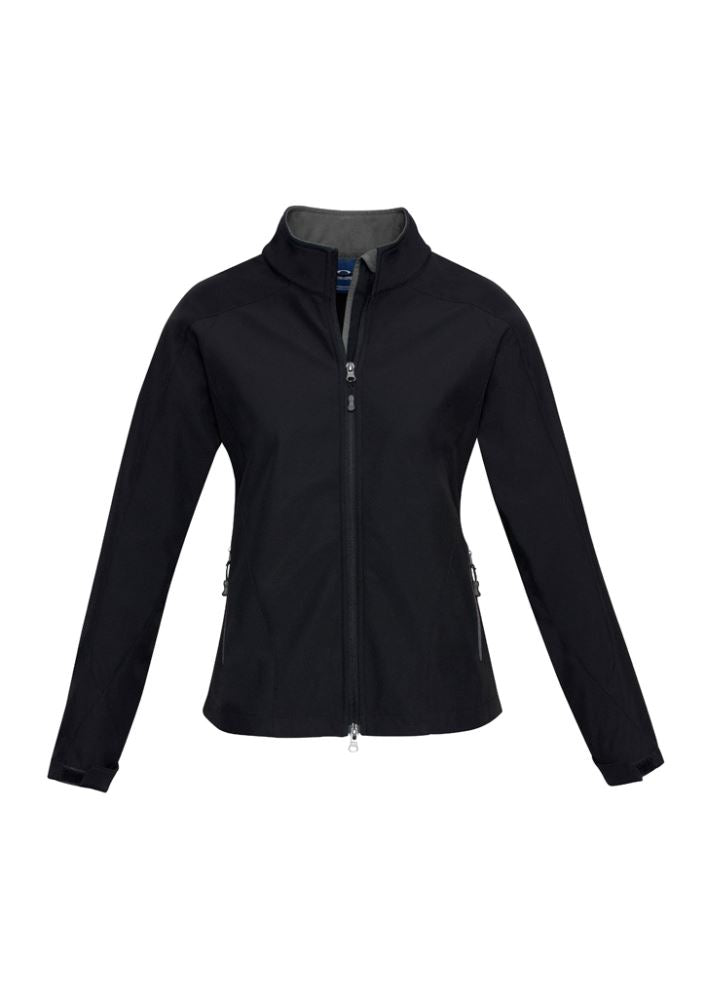 Ladies Geneva Jacket in Black/Graphite, Size L; features breathable fabric, fleece lining, adjustable cuffs, and stylish back tail.