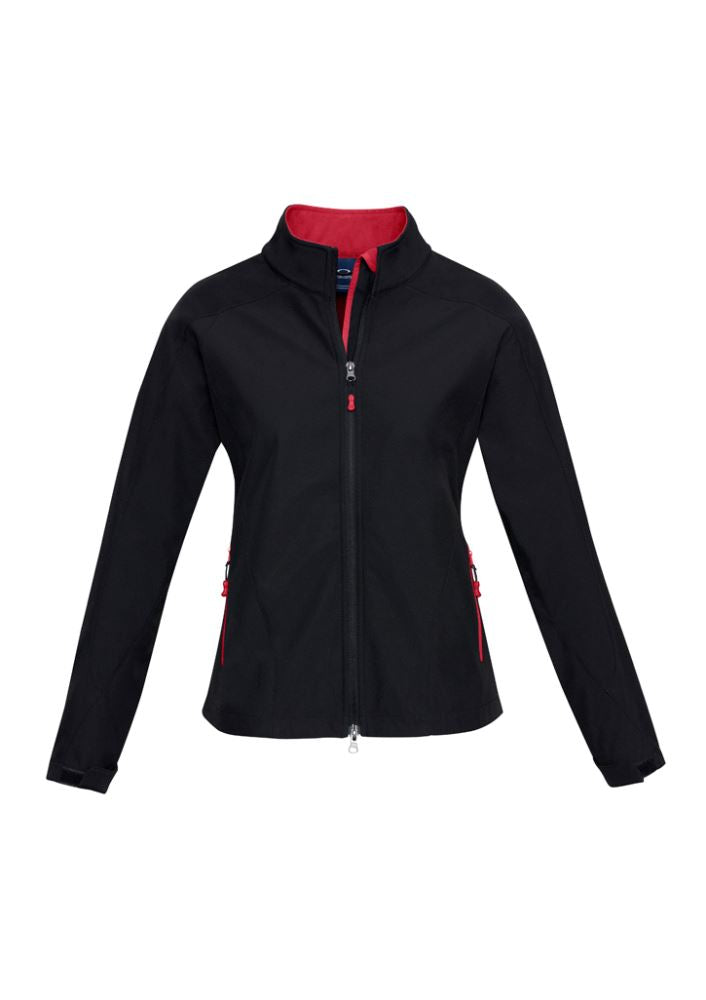 Ladies Geneva Jacket in black and red, size 2XL, featuring a stylish design, breathable fabric, and adjustable cuffs.