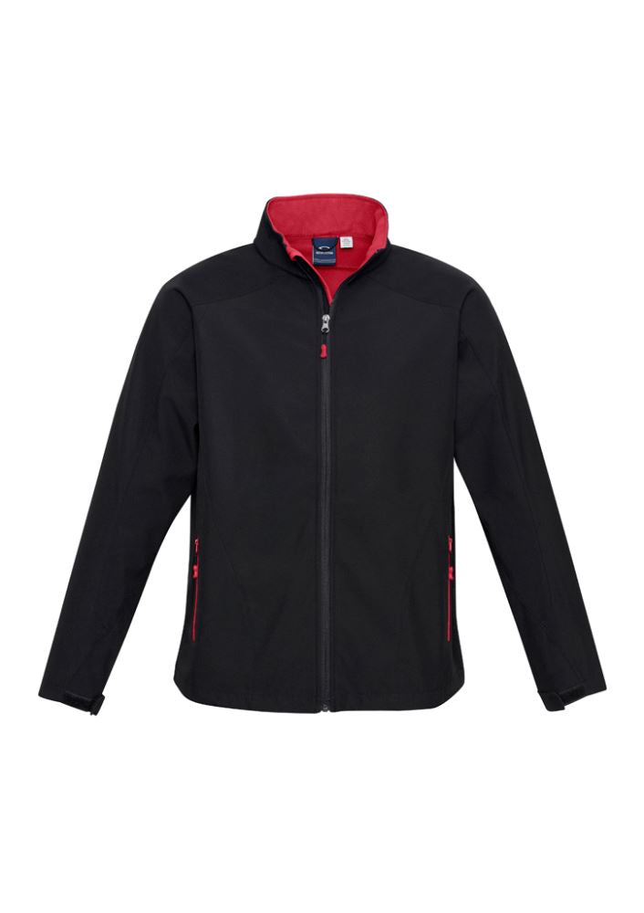 Kids Geneva Jacket in black and red, size 6, featuring breathable fabric, fleece lining, and zippered pockets for warmth and style.