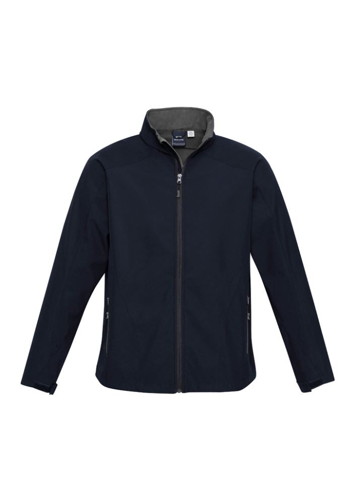 Navy and graphite kids' Geneva jacket features a stand-up collar, zippered pockets, and is water repellent with a fleece lining.