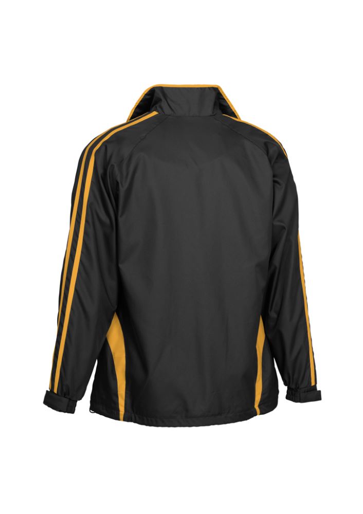 Kids Black/Gold Flash Track Top in size 6, featuring full zip, zippered pockets, and stylish raglan sleeves for active play.