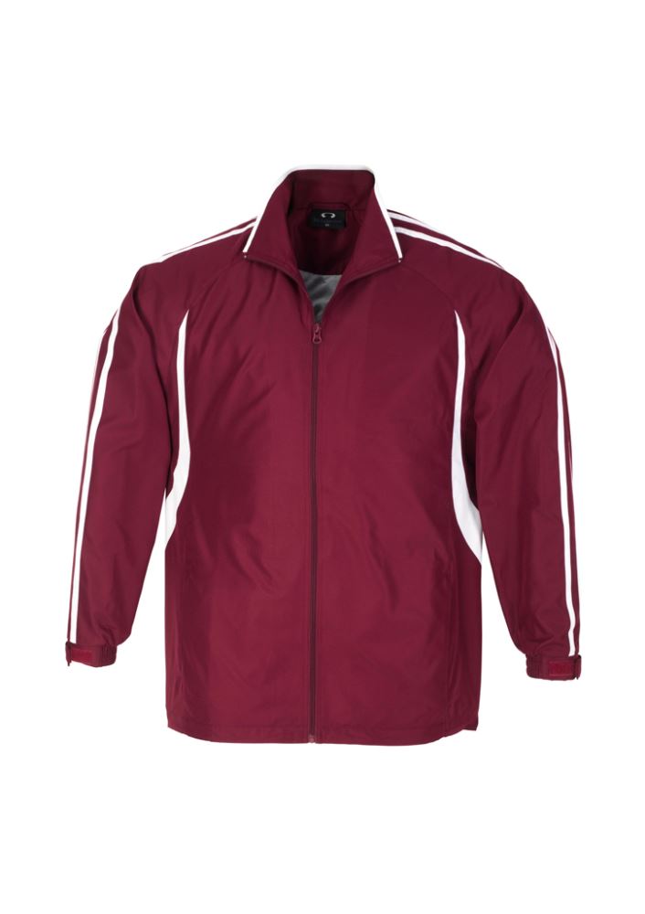 Kids Maroon and White Flash Track Top, Size 10, with full zip, zippered pockets, and raglan sleeves for active wear.