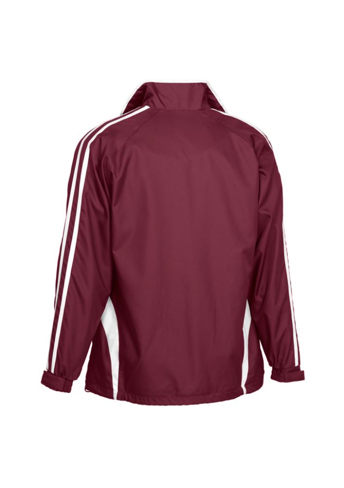 Kids maroon/white Flash Track Top with full zip, zippered pockets, raglan sleeves, and elastic cuffs for active play - Size 6.