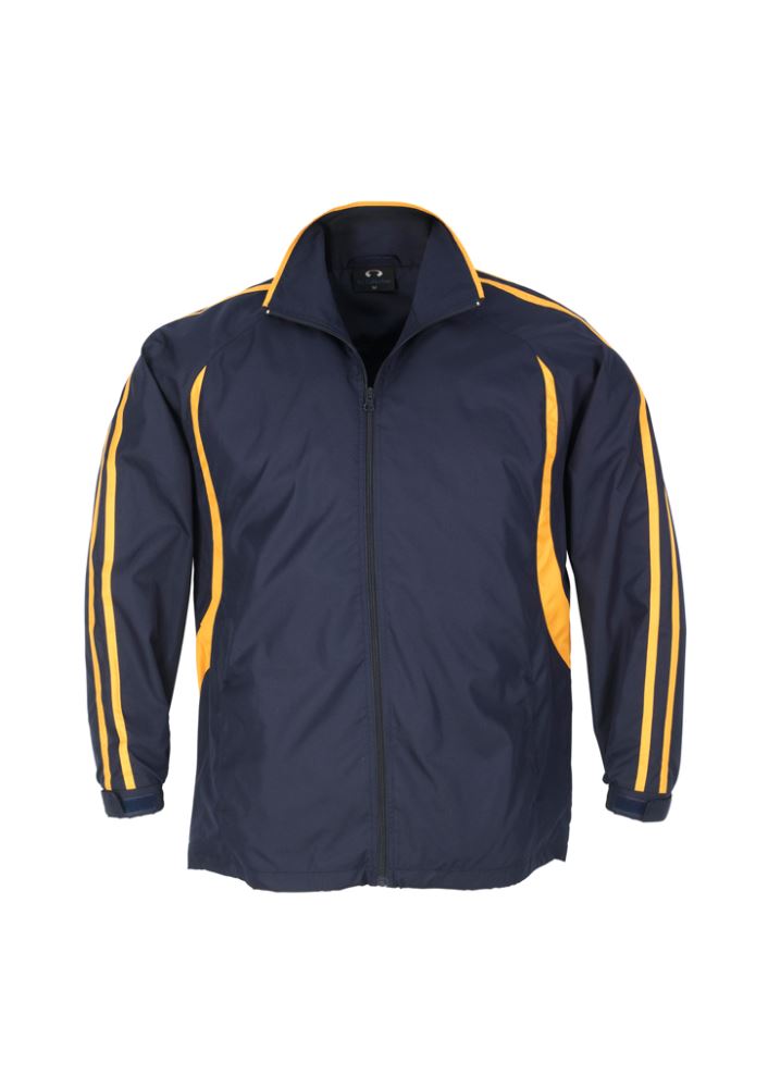 Navy and gold Kids Flash Track Top with full zip, zippered pockets, and raglan sleeves for active comfort and style.