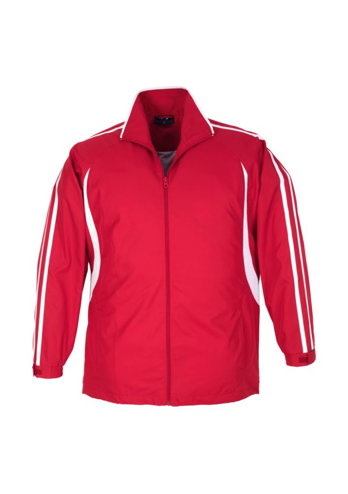 Kids Flash Track Top in red and white, size 12, featuring raglan sleeves, zip pockets, and breathable fabric for active play.