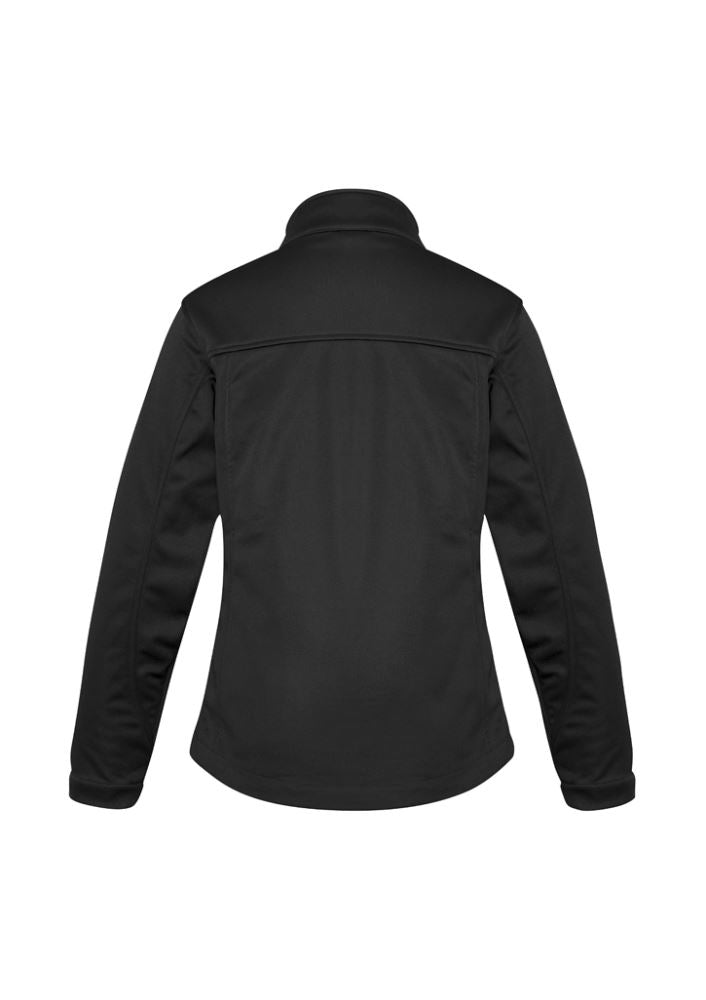 Ladies black soft shell jacket, size M, featuring water repellent, windproof design, with adjustable cuffs and multiple pockets.