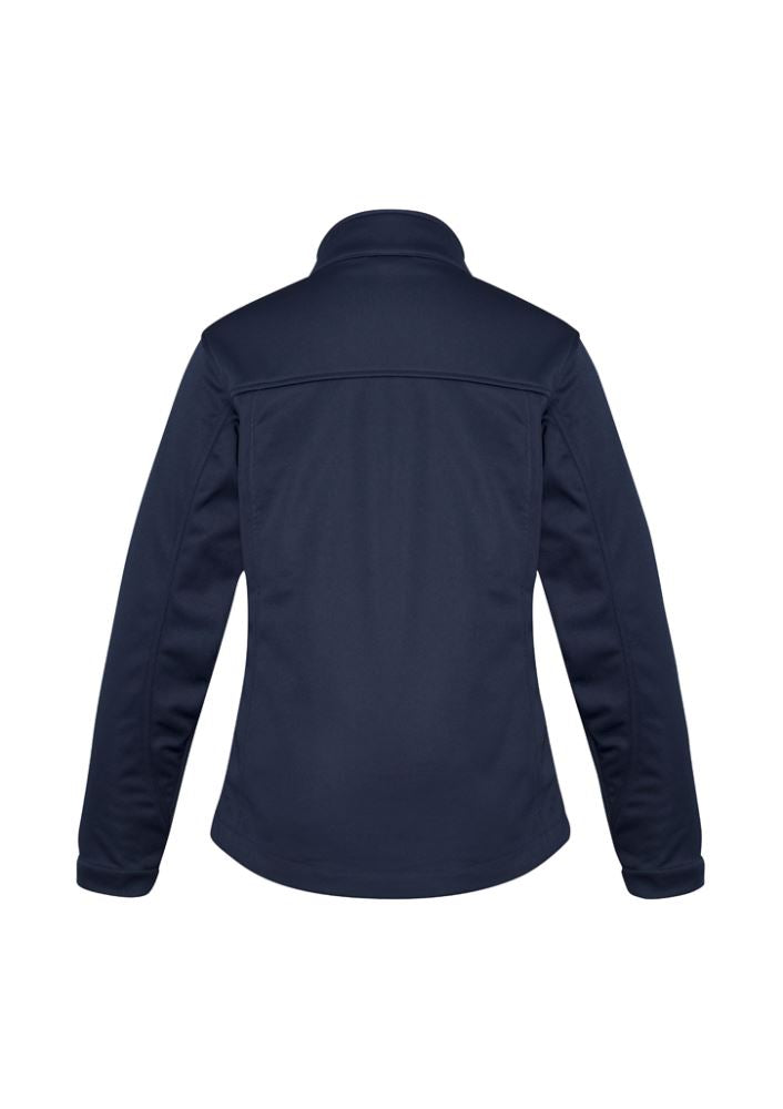 Navy ladies soft shell jacket, size L, featuring a 2-way zip, wind flap, and audio pocket for outdoor comfort and style.