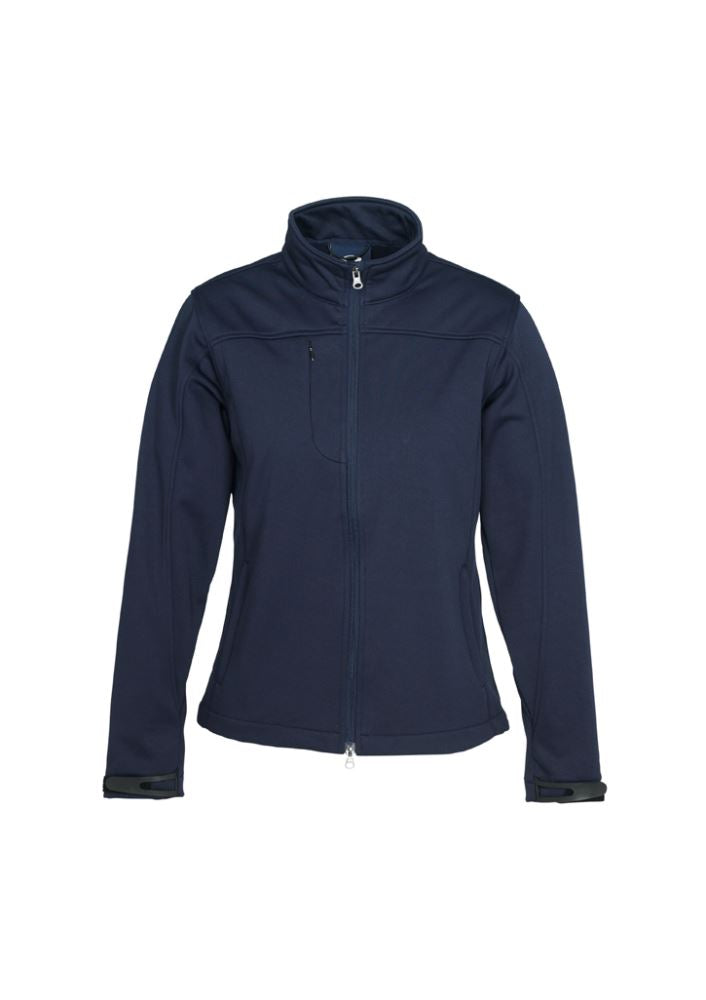 Navy Ladies Soft Shell Jacket in Size S, featuring water-repellent fabric, micro fleece lining, and adjustable cuffs for outdoor comfort.