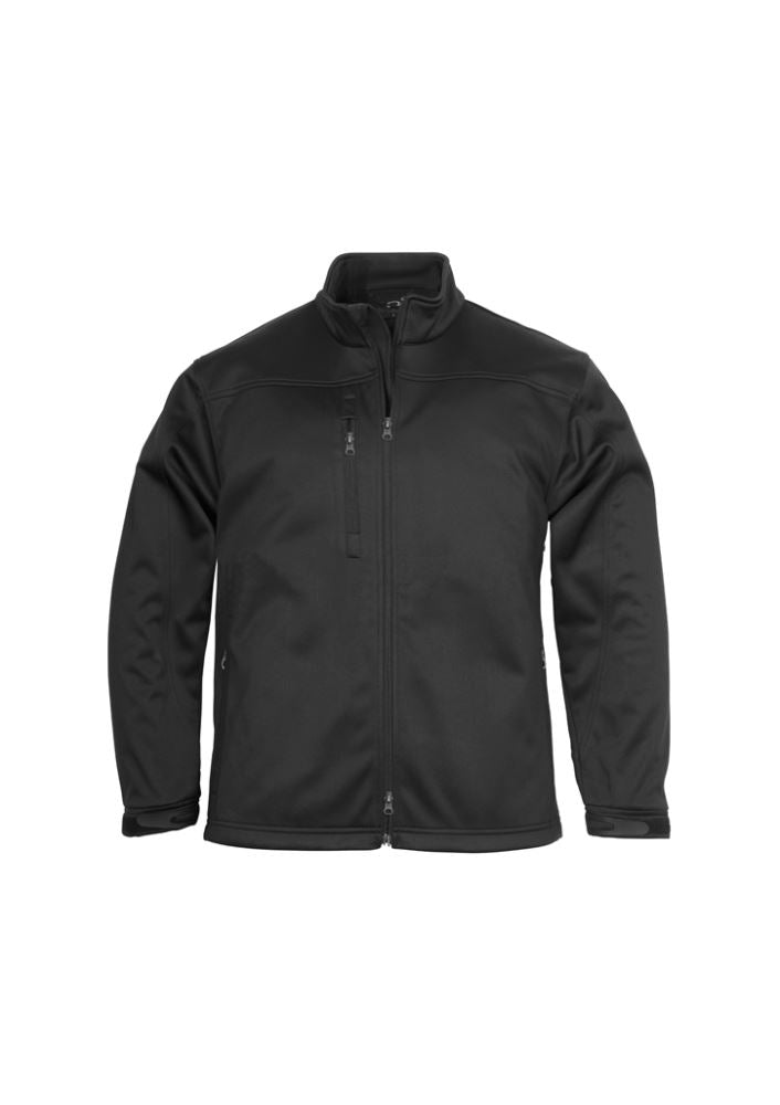 Men's black soft shell jacket, size S, featuring water repellency, breathable fabric, and multiple zippered pockets.