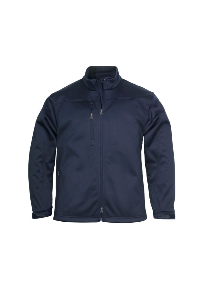 Men's navy soft shell jacket in size S with fleece lining, zippered pockets, and water-repellent, windproof features.