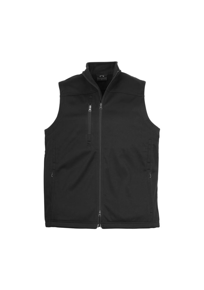 Black Men's Soft Shell Vest in size XL, featuring water repellent fabric, soft fleece lining, and multiple secure pockets.