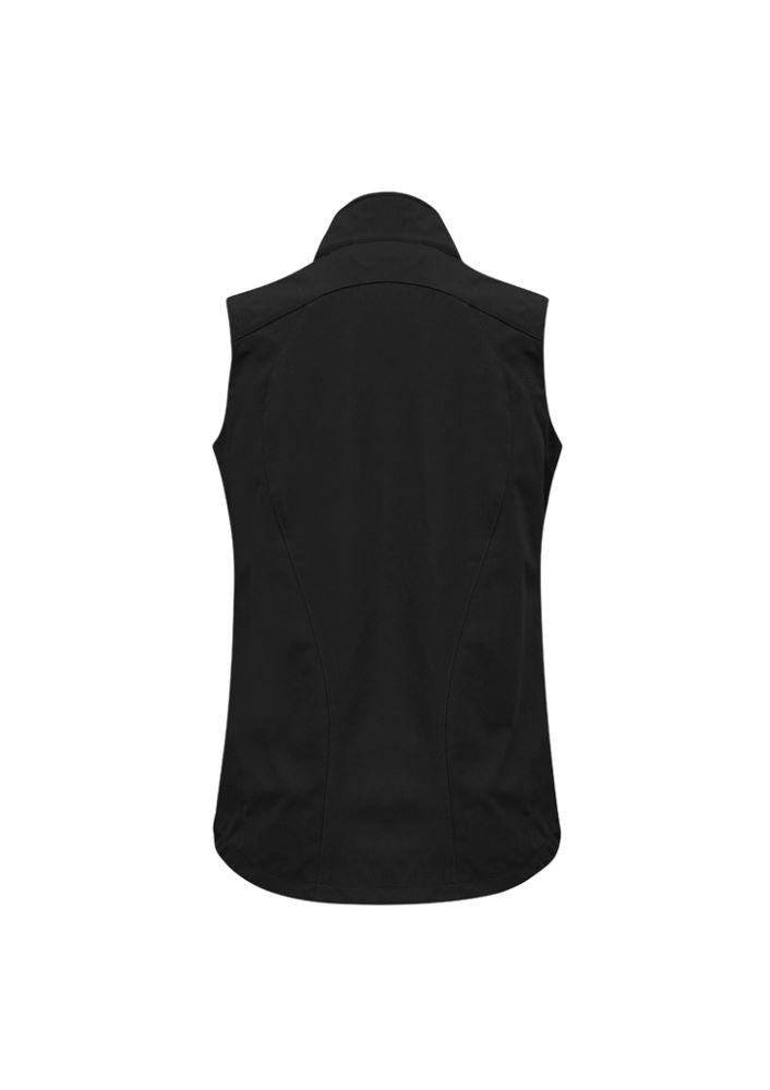 Ladies Geneva Vest in black and cyan, size XL, features a stand-up collar, zippered pockets, and is water-repellent and windproof.