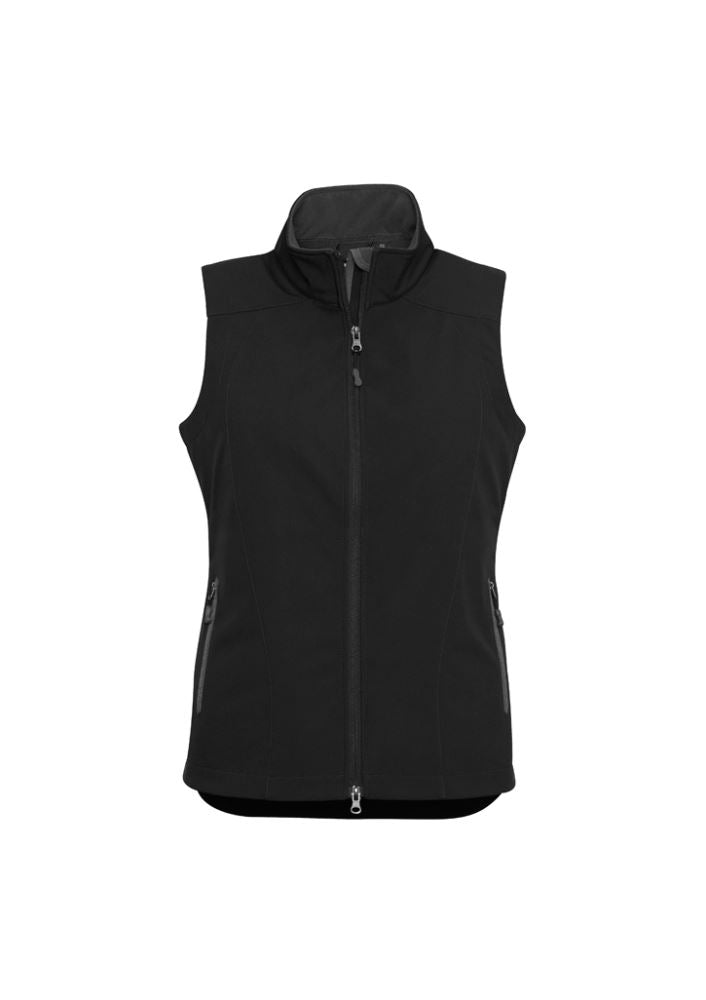 Ladies Geneva Vest in Black/Graphite, size L, featuring a stand-up collar, zippered pockets, and windproof, water-repellent design.