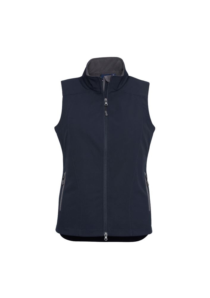 Ladies Geneva Vest in Navy/Graphite, size 2XL, featuring a cozy fleece lining, zippered pockets, and stylish scalloped back.