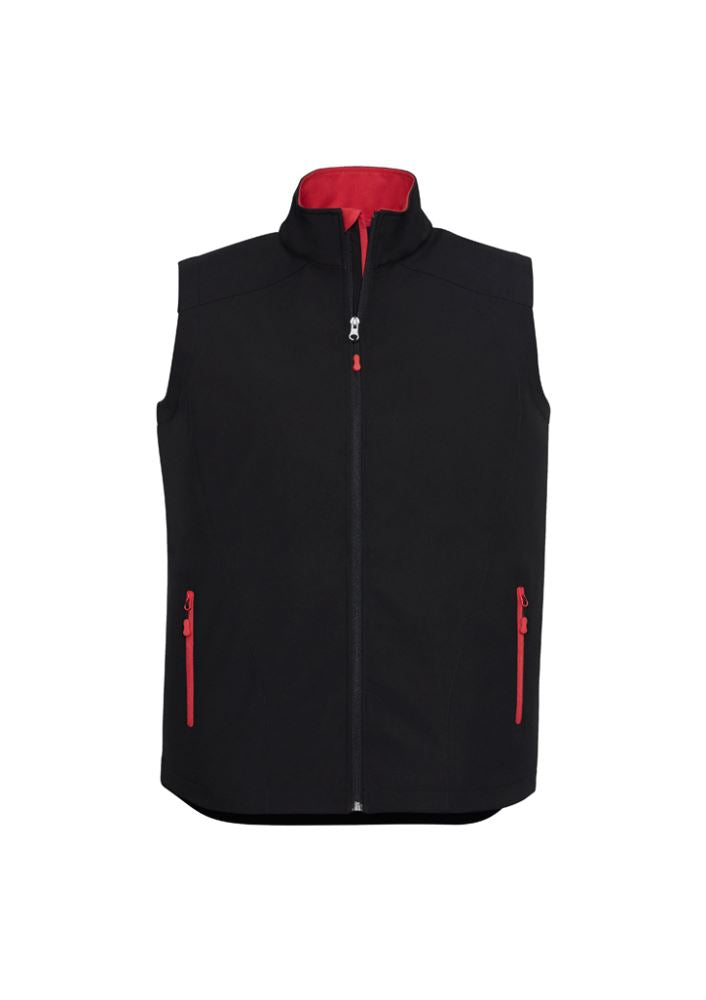 Men's black and red Geneva vest in XL, featuring a stand-up collar, zippered pockets, and windproof, water-repellent fabric.