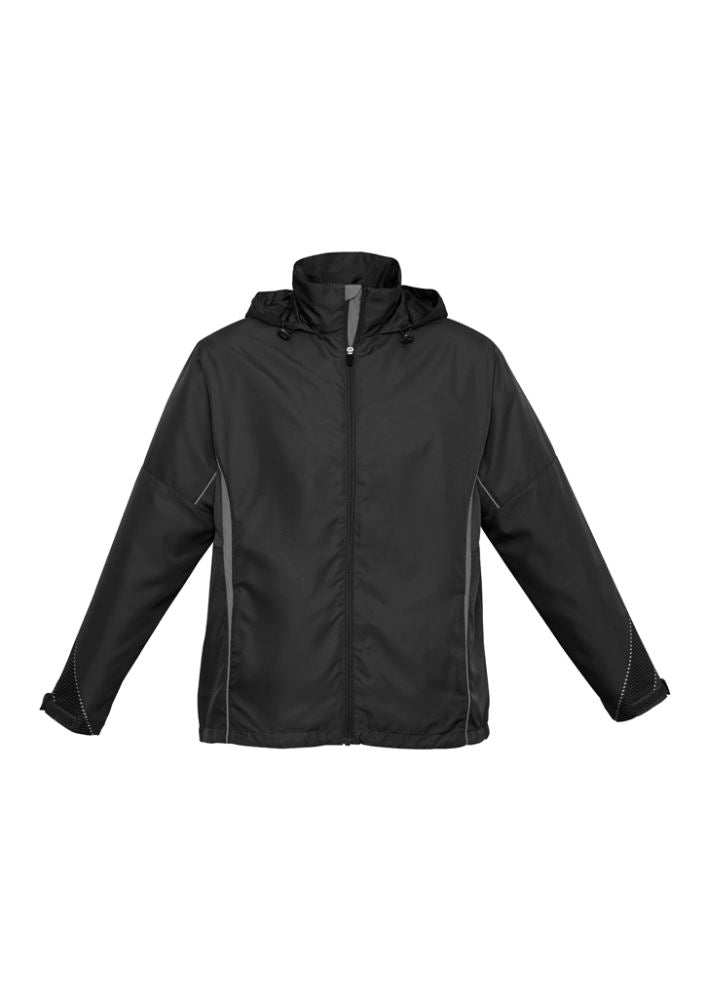 Kids Razor Team Jacket in Black/Ash, size 6, featuring breathable mesh, stow-away hood, and zippered pockets for active kids.