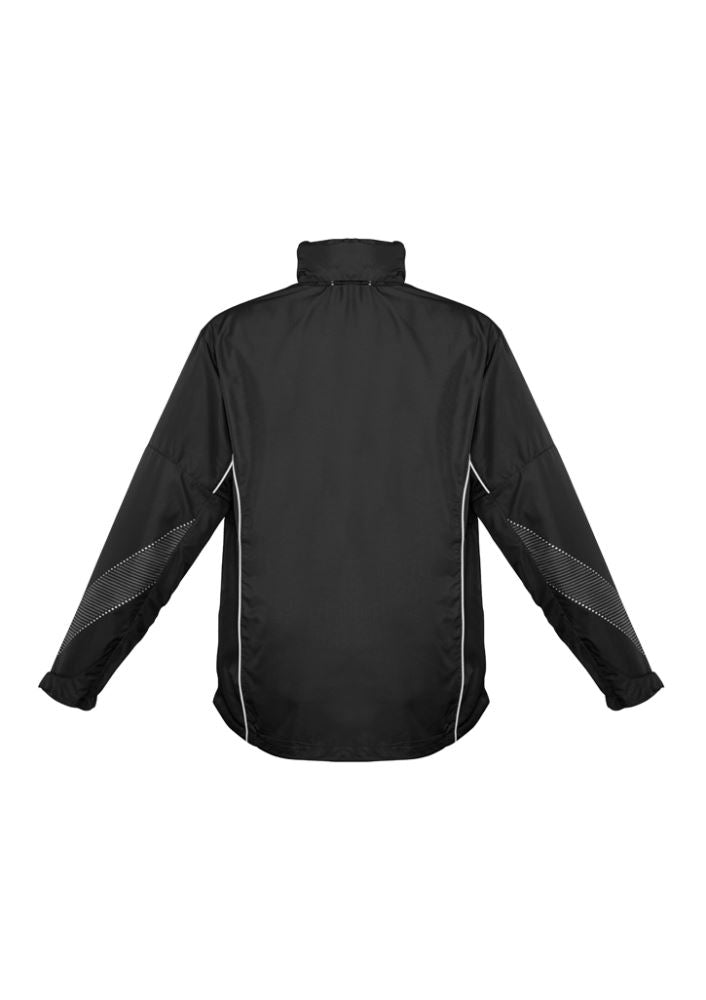 Kids Razor Team Jacket in black/white, size 12; features breathable mesh, stow-away hood, and durable polyester for active kids.