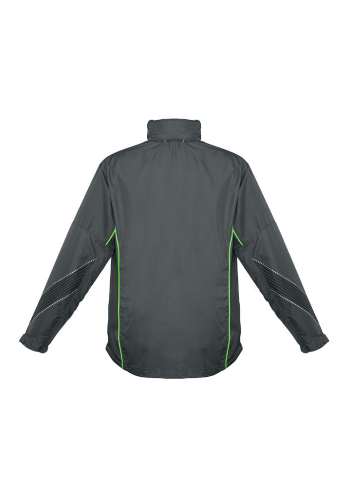 Adults Razor Team Jacket in grey and fluoro lime, featuring lightweight polyester, breathable mesh, stow-away hood, and zippered pockets.